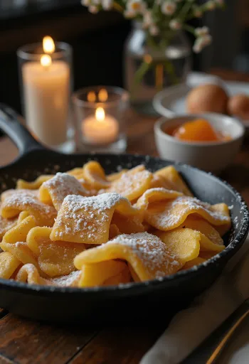 Nar gibi kızarmış, pudra şekeri serpilmiş ve reçelle servis edilen klasik Kaiserschmarrn