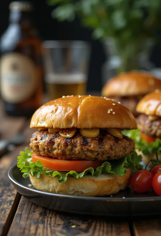 Kıymalı ızgara mercimek burgerler, taze sebzeler ve soslarla servis edilmiş