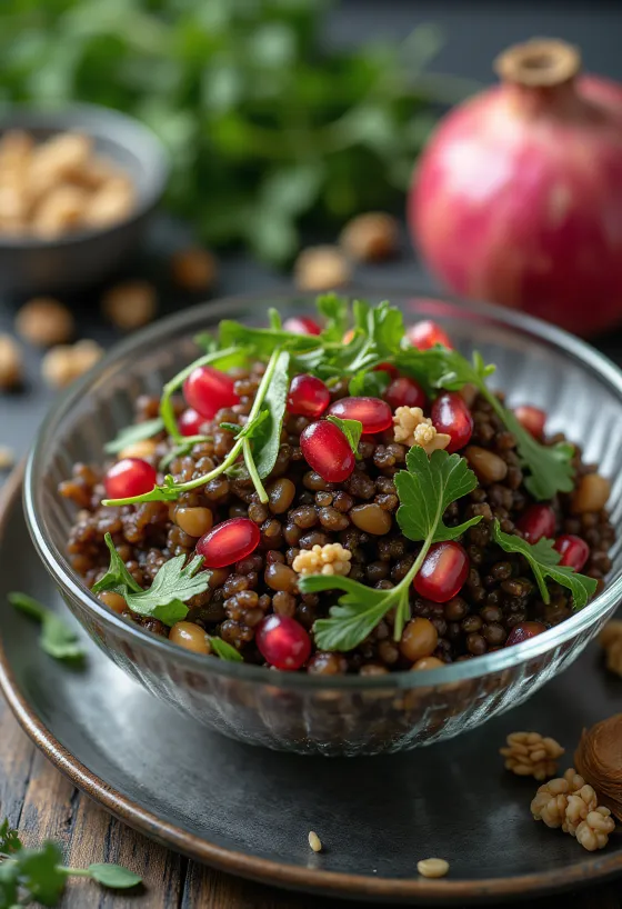 Narlı mercimek salatası servis edilmiş