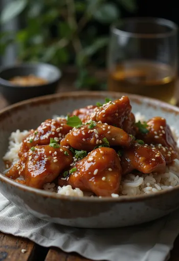 Altın sarısı kızarmış, susam ve taze yeşilliklerle serpilmiş ballı tavuk