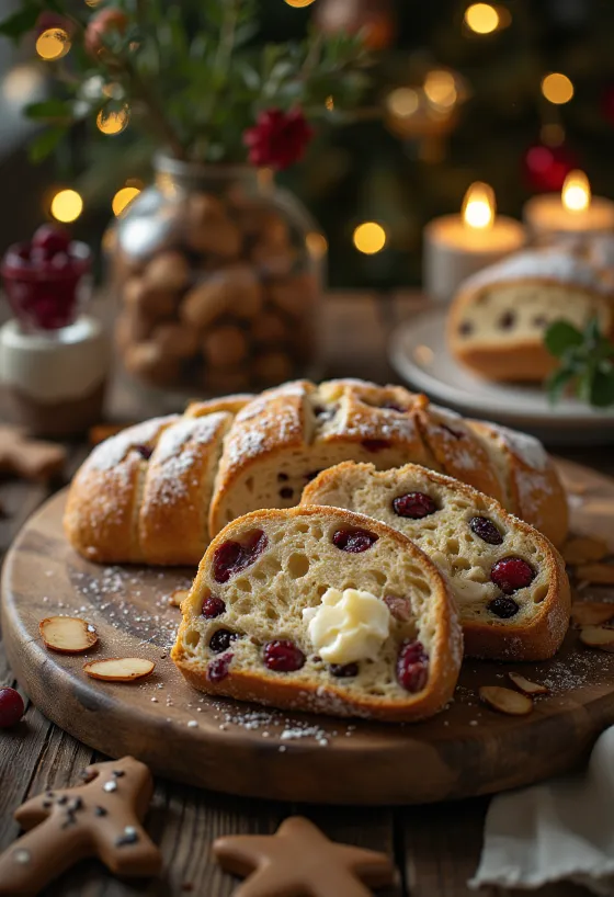 Dilimlenmiş, üzerine pudra şekeri serpilmiş Zencefilli Stollen