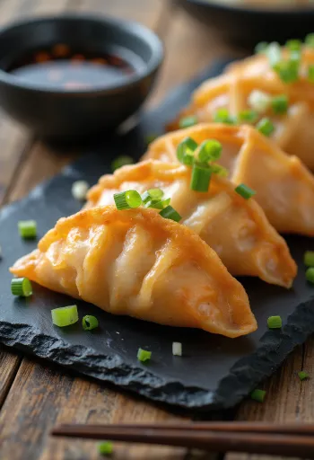 Somon dolgulu ve soya soslu daldırma sos ile servis edilen Somonlu Gyoza