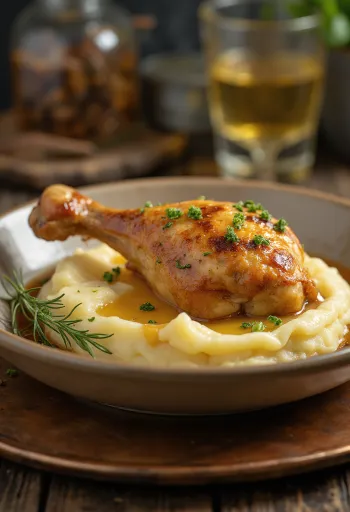 Patates püresi ile servis edilmiş çıtır derili fırın tavuk butları