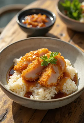 Tonkatsu don, pirinç üzerinde çıtır et dilimleri, katsu sosu ve yeşil soğan ile servis edilmiş.