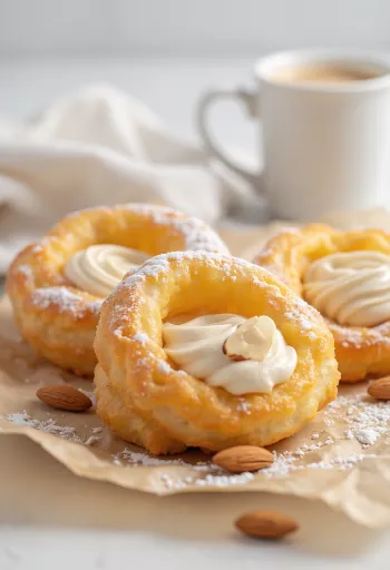 Badem kremalı, pudra şekeri serpilmiş, içi krema dolgulu Zeppole