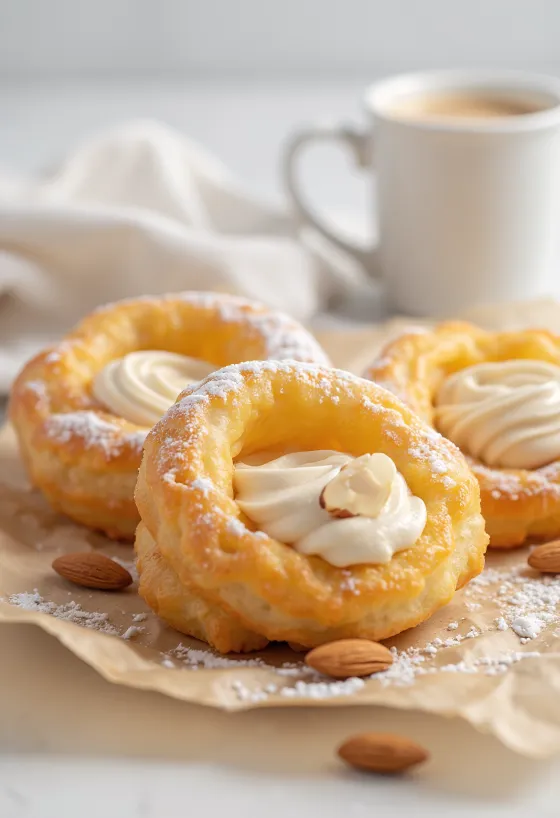 Badem kremalı, pudra şekeri serpilmiş, içi krema dolgulu Zeppole