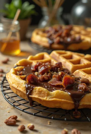 Servis edilmiş çikolataya batırılmış baconlı waffle