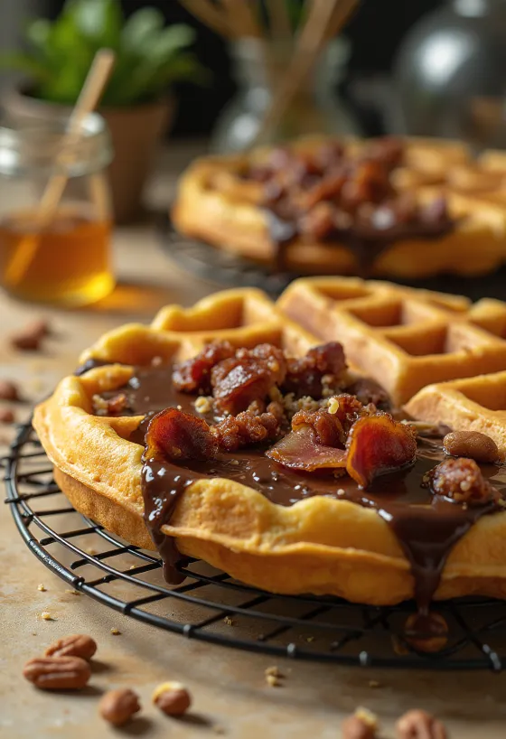 Servis edilmiş çikolataya batırılmış baconlı waffle