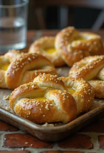 Ahşap servis tabağında sarımsaklı ve tereyağlı pretzel