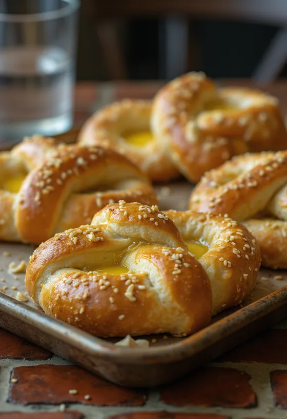 Ahşap servis tabağında sarımsaklı ve tereyağlı pretzel