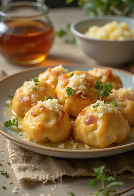 Esmer tereyağı ile servis edilen Alman füme etli knödel