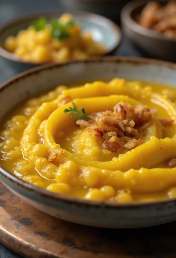 Taze maydanoz ve çıtır malzemelerle süslenmiş sarı bezelye yemeği