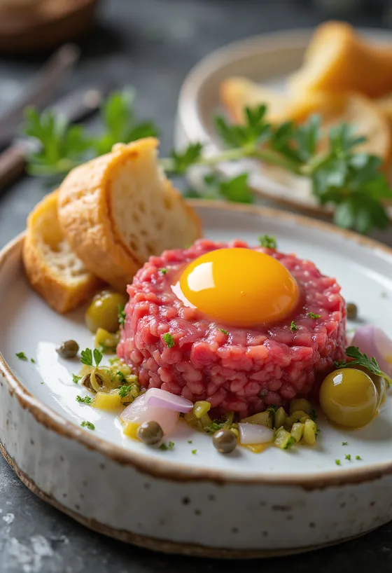 Yumurta sarısı ve kızarmış ekmekle servis edilen Steak Tartare