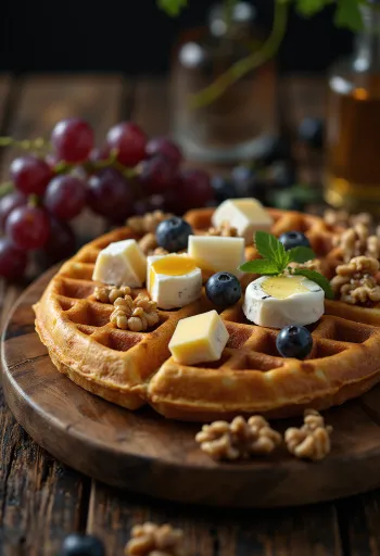 Camembert, brie, küflü peynirler, ceviz ve ballı Fransız peynir tabağı waffle