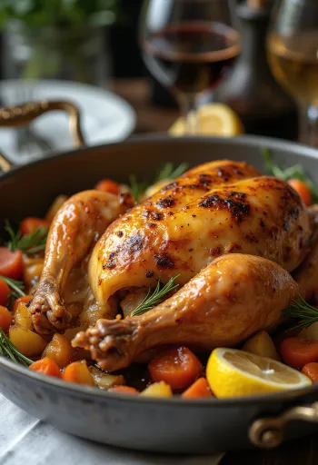 Közlenmiş sebzelerle servis edilen fırında beç tavuğu