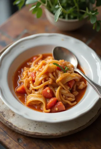 Taze dereotu ve sulu köftelerle servis edilen domatesli lahana.