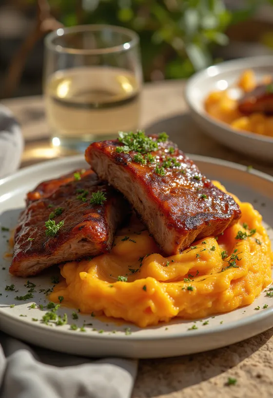 Tatlı patatesle servis edilen BBQ kaburga