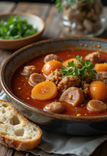 Füme sosis, patates ve taze maydanozlu gulaş çorbası