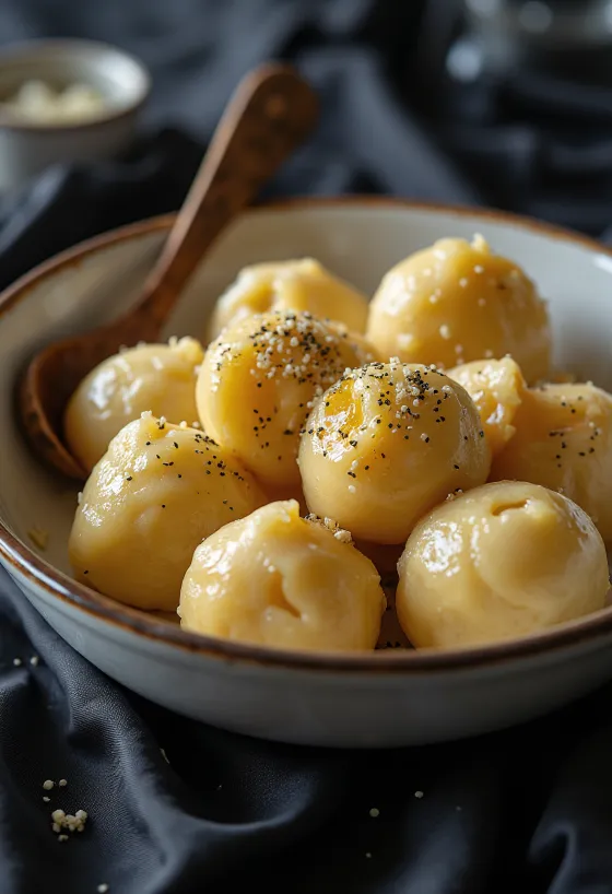 Kahverengi sosla servis edilen Alman knödel ekmek köftesi