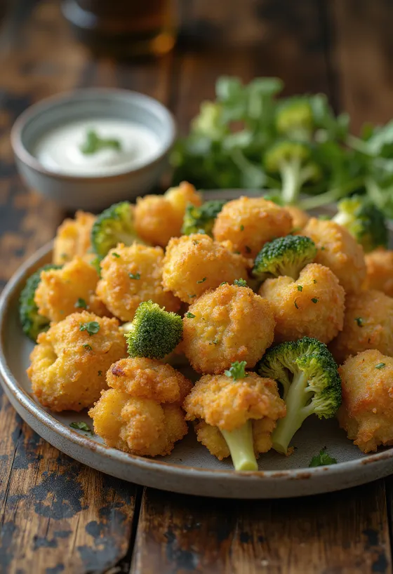 Altın sarısı kızarmış çıtır pane brokoli, bir tabakta taze limon dilimleriyle servis edilmiş.