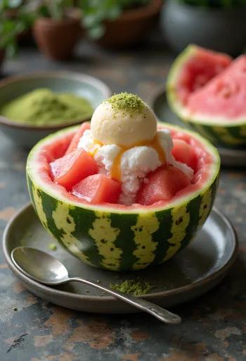 Karpuz ve badem ile taze servis edilen Subak Bingsu
