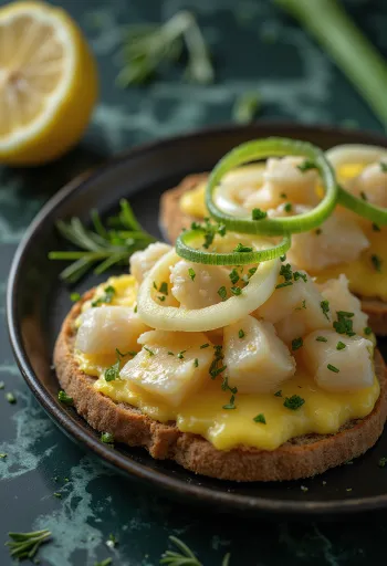 Tereyağlı lavaşta Surströmming, pırasa ve taze maydanozla
