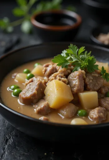 Taze bezelye ile servis edilen Kremalı Nikujaga