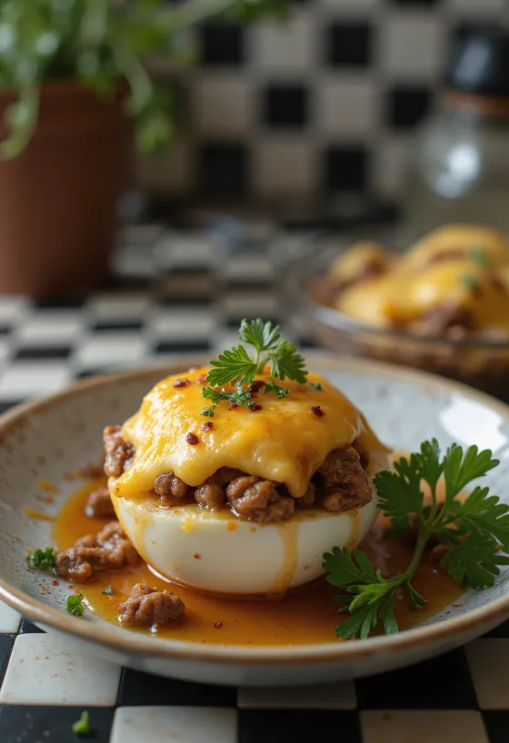 Üzerinde çıtır peynir ve taze yeşilliklerle servis edilen karnıyarık