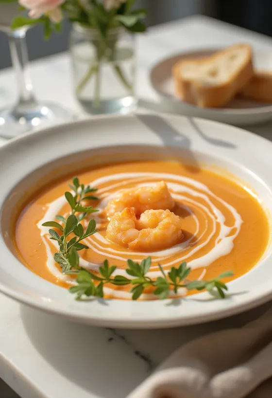 Beyaz şaraplı Bisque, zengin kremalı deniz ürünleri çorbası