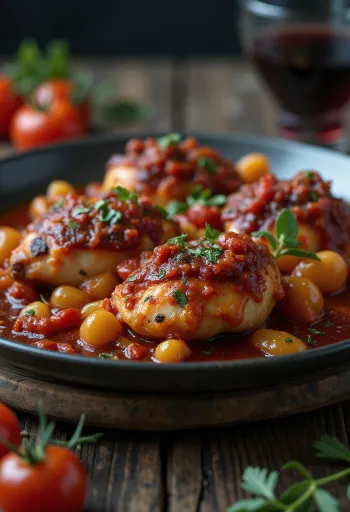 Kırmızı şaraplı domates soslu Cacciatore, tavuk butları ve zeytin ile servis edilmiş
