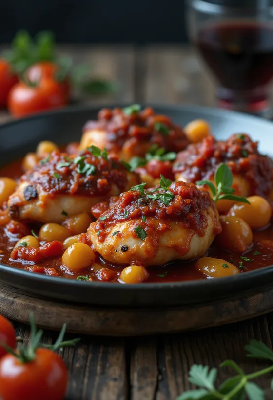 Kırmızı şaraplı domates soslu Cacciatore, tavuk butları ve zeytin ile servis edilmiş