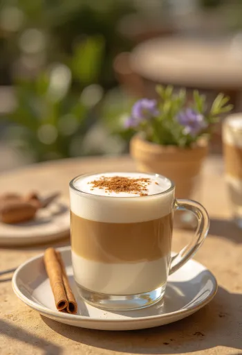 Çubuk tarçın ve nane ile süslenmiş tarçınlı naneli latte kahve içeceği