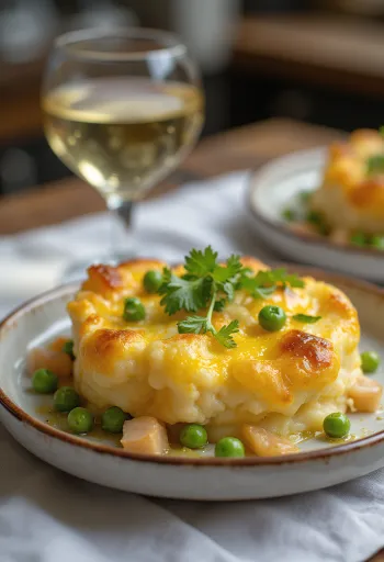 Füme peynirli balık turtası, altın sarısı kremalı patates ve balık dolgulu