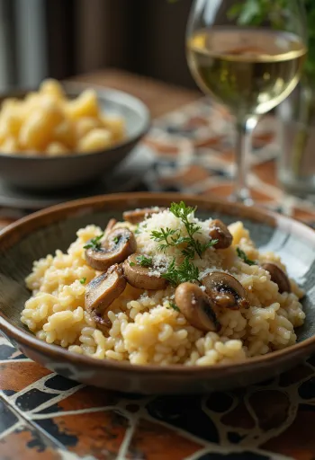 Taze baharatlar ve parmesan peyniri ile servis edilen mantarlı risotto