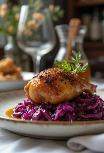 Buharda pişmiş kırmızı lahana ile servis edilen ördek budu