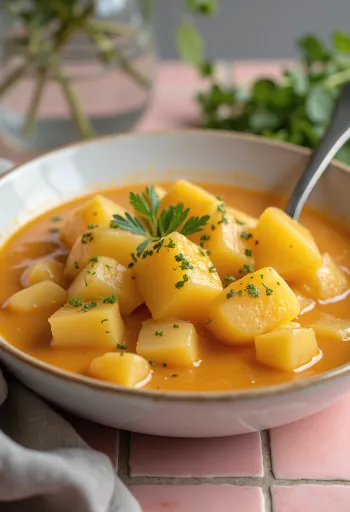 Süzme yoğurtlu terbiye ve taze maydanozla süslenmiş klasik patates yemeği