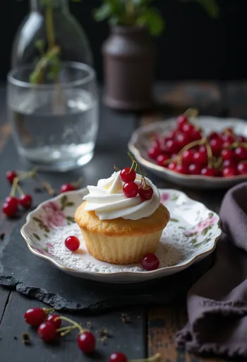 Servis edilmiş frenk üzümlü cupcake