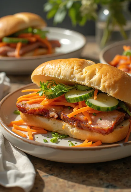 Taze sebzeler ve kişniş ile servis edilen Çin usulü Barbekü domuz etli Bánh Mì Xá Xíu