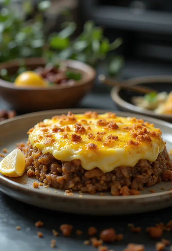 Limonlu Bobotie, sulu kıyma ve zengin sos ile servis edilmiş.