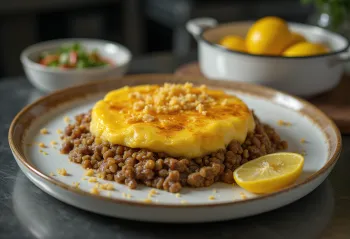 Limonlu Bobotie, sulu kıyma ve zengin sos ile servis edilmiş.