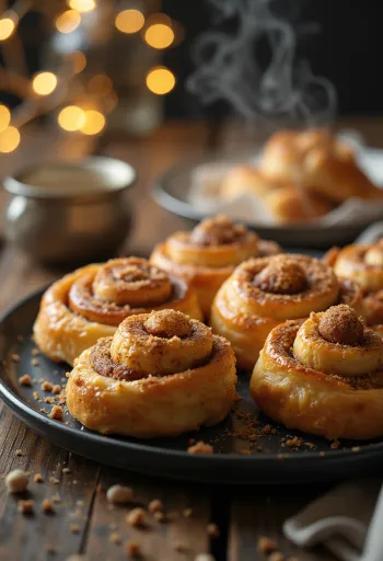 Pudra şekeri serpilmiş, altın sarısı pişmiş tarçınlı çörek