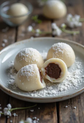 Çikolata kremalı Mochi, yumuşak pirinç unu hamuru ve zengin çikolata kreması dolgulu Japon tatlısı