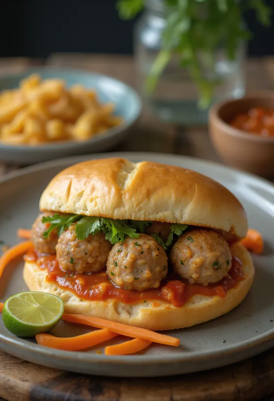 Taze sebzeler ve kişniş ile servis edilen Bánh Mì Xíu Mại köfteli sandviç