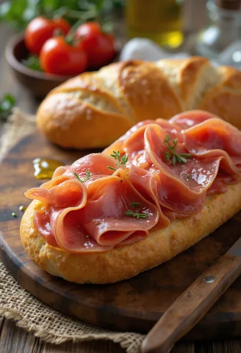 Jamón Serrano'lu Bocadillo, taze domates ve sarımsaklı baget ile.