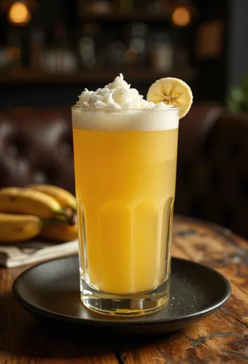Limon dilimiyle süslenmiş limonlu muzlu cider ferahlatıcı içecek
