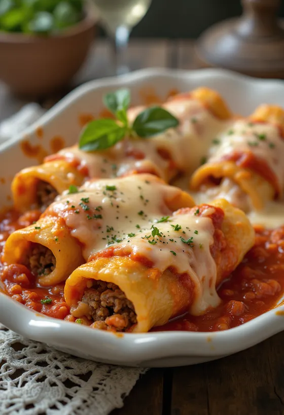 Domates sosu ve erimiş peynirle servis edilen kıymalı cannelloni