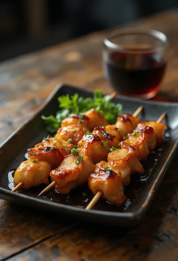 Tavuk derisi ile Kawa yakitori, susam ve yeşil soğanla süslenmiş
