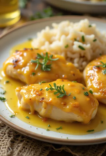 Taze sebzelerle servis edilen, çıtır çıtır kızarmış sulu ballı hardallı tavuk göğsü.