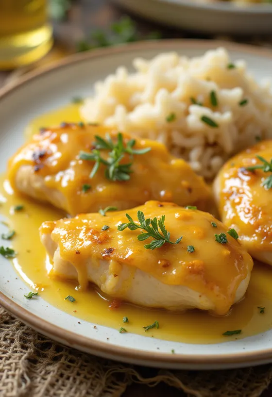 Taze sebzelerle servis edilen, çıtır çıtır kızarmış sulu ballı hardallı tavuk göğsü.