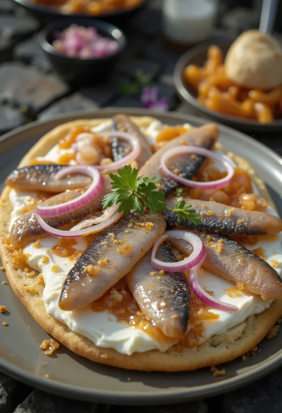 Krem peynirli surströmming, kızarmış ekmek üzerinde, taze kişniş ile